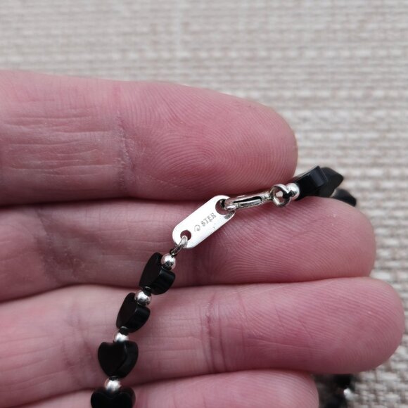 6 Inch Sterling Silver Onyx Stone Hearts Bracelet B482 - Picture 3 of 5